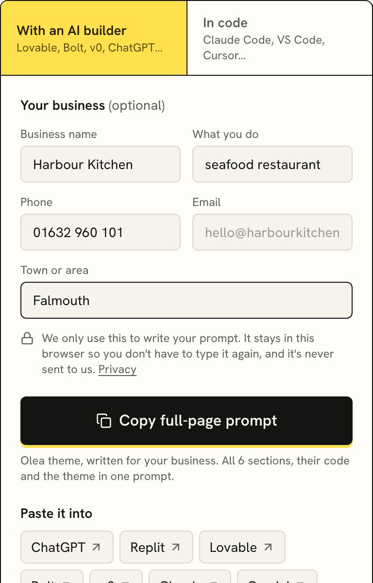 The template page panel with a business name, trade, town and phone filled in above the Copy full-page prompt button