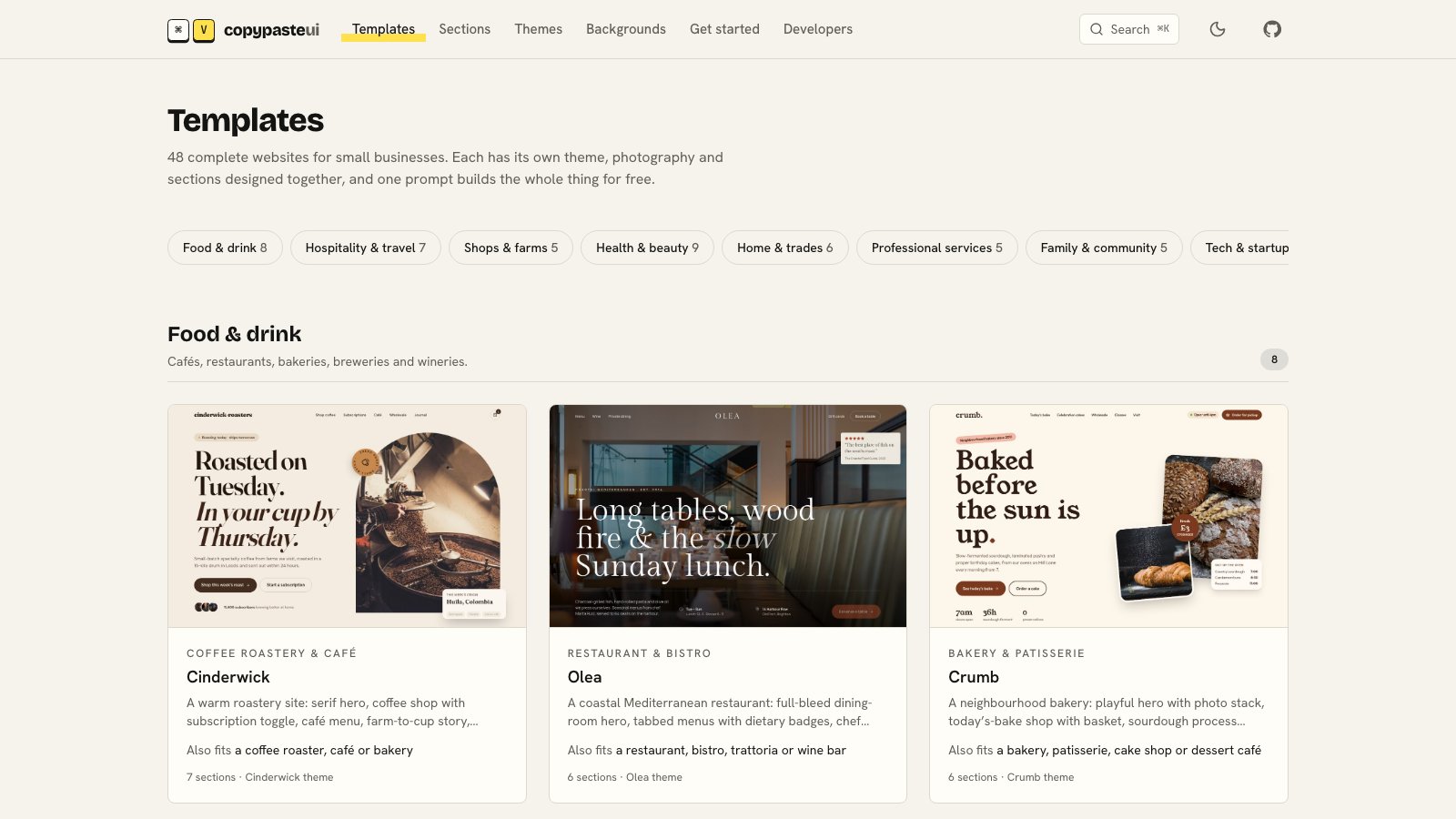 The templates page, grouped by industry